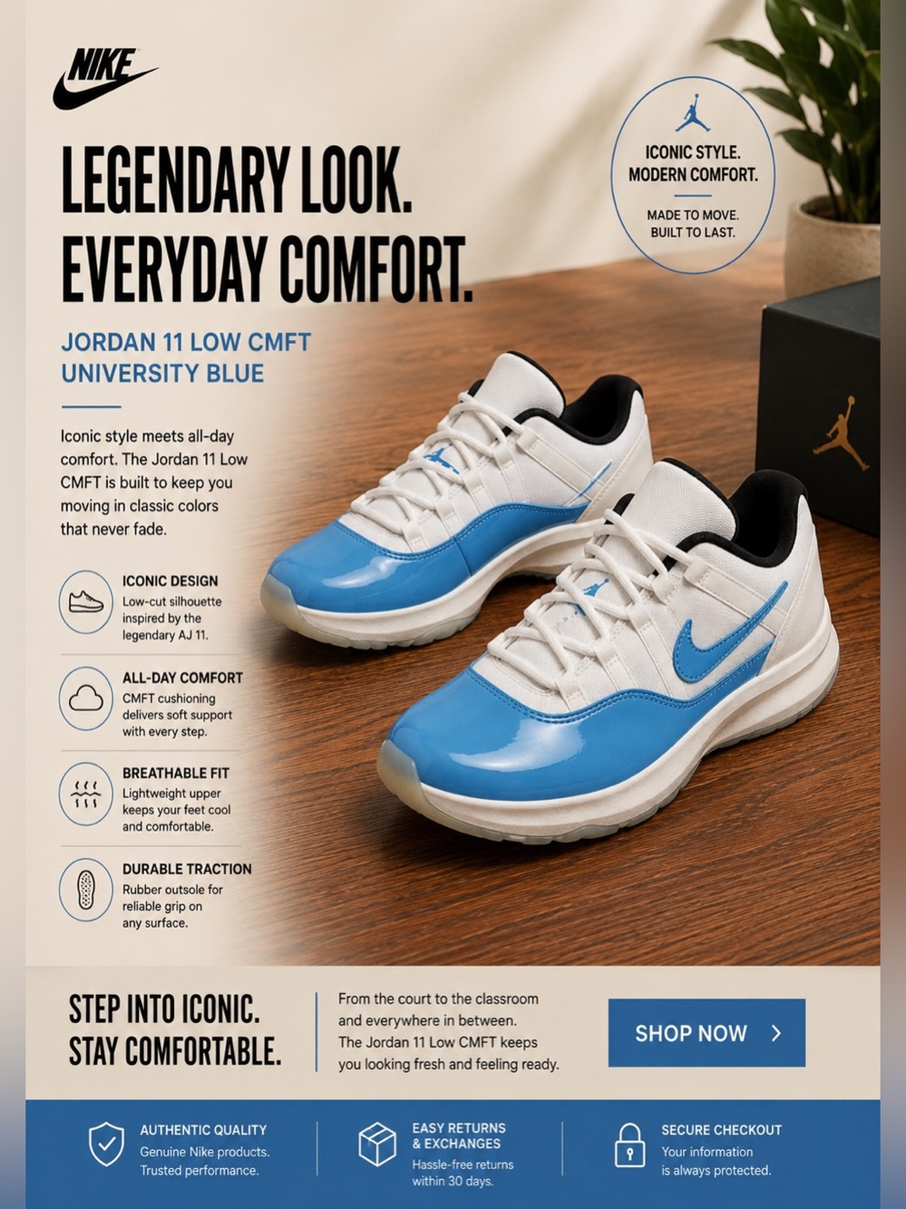 Nike Jordan 11 low CMFT university blue size 6Y